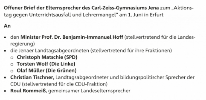Offener Brief der Elternsprecher des Jenaer Carl-Zeiss-Gymnasiums zum Aktionstag gegen Unterrichtsausfall und Lehrermang