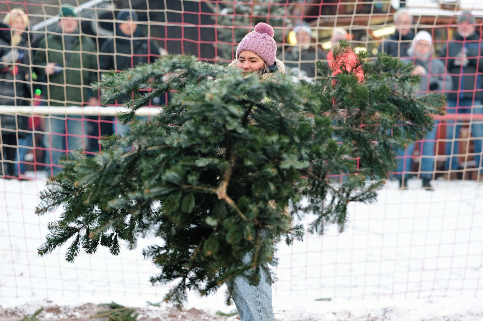 Manche Teilnehmer beim Weihnachtsbaumwerfen sind vor lauter Baum kaum noch sichtbar.
