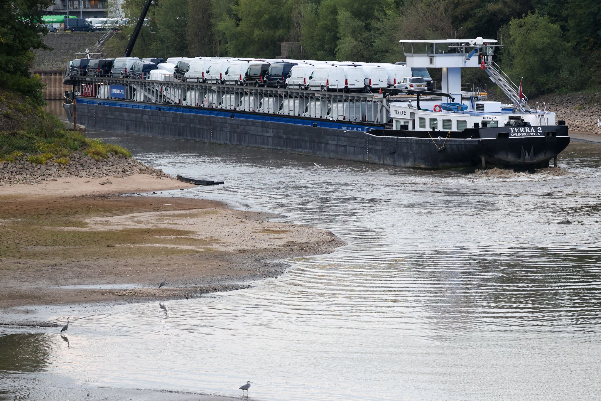 Am Montagabend hat sich wegen des extrem niedrigen Pegelstands ein Frachtschiff im Düsseldorfer Hafen festgefahren.